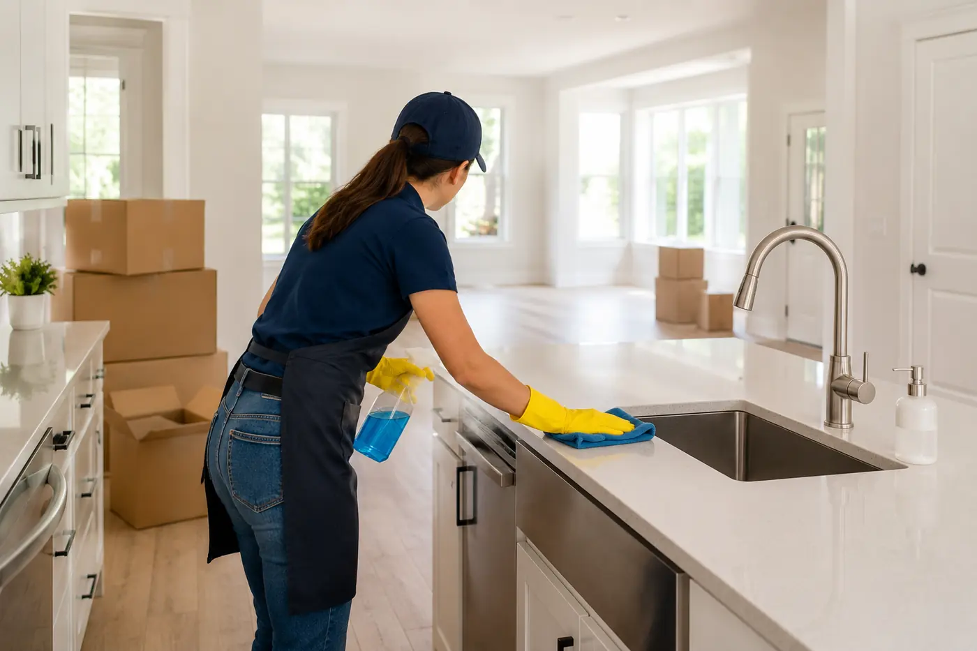Cleaner sanitizing kitchen counters in an empty home with moving boxes